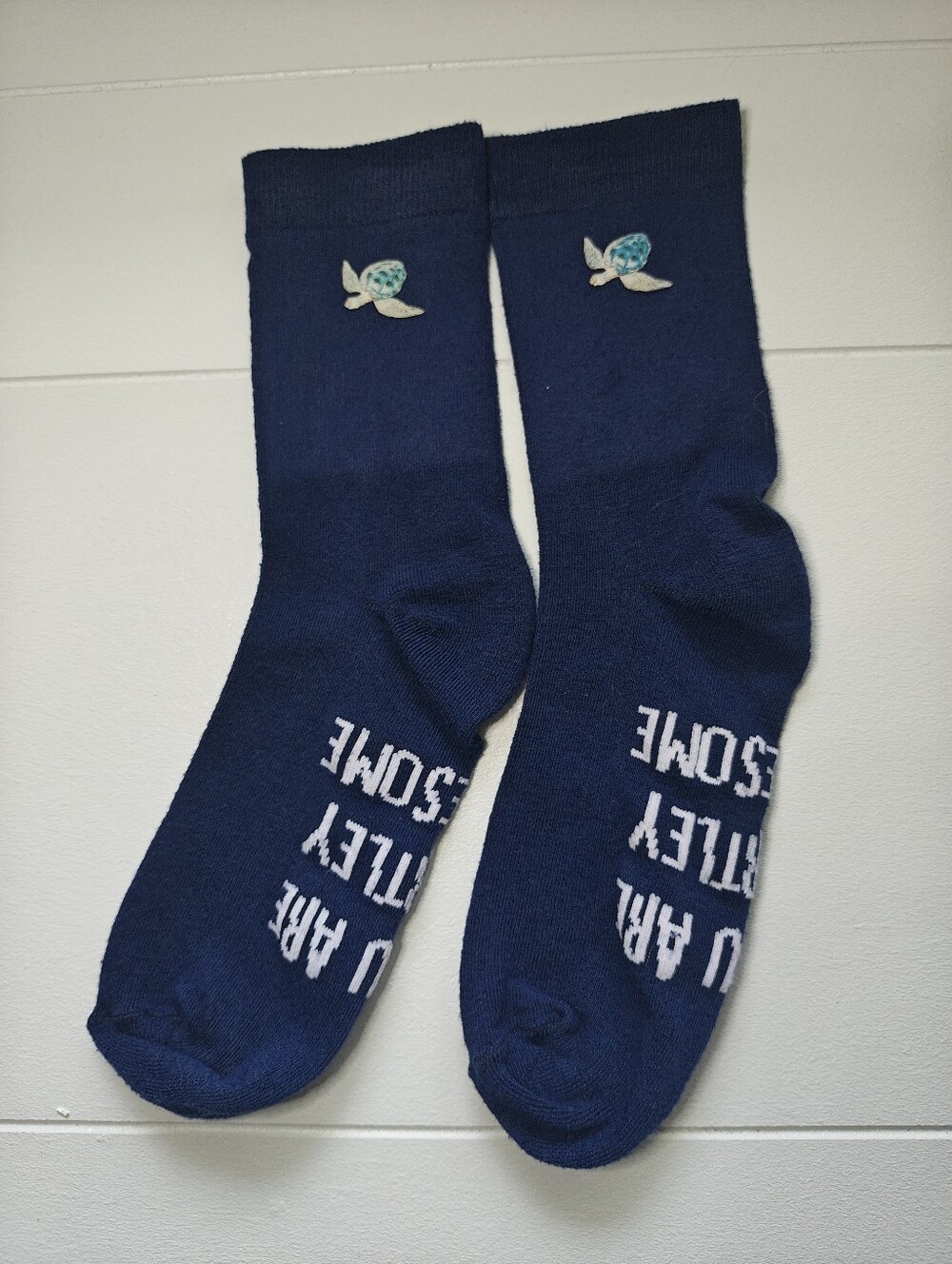 Womens Navy Crew Socks with Turtle Accent - Comfortable Everyday Wear